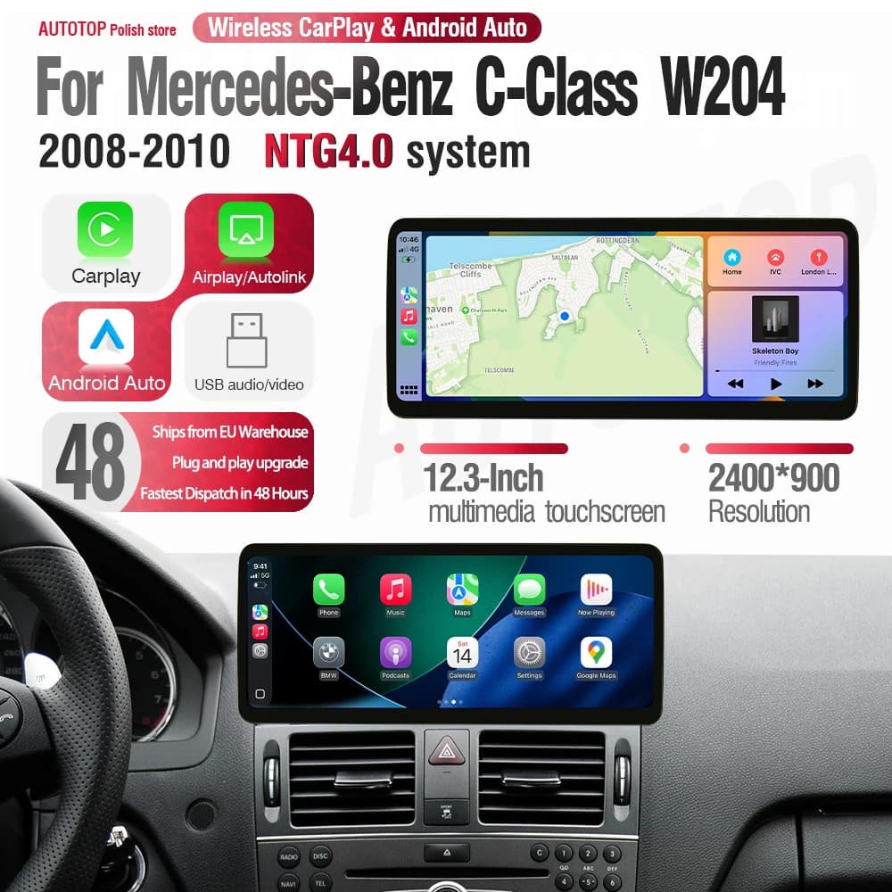 AUTOTOP 12.3 Linux Multimedia Screen Wireless CarPlay For Mercedes Benz C-Class W204 S204 2008-2010 Android Auto Airplay BT GPS