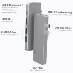dodocool 7 in 2 Aluminum Alloy USB-C Hub Adaptor with 2 Thunderbolt 3 connectors USB Type-C PD Port USB-C Data Transfer Port 4K