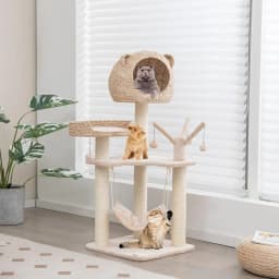 Cat Tree 121 CM in Sledge Rod, 4 Levels, with Platforms, Balls and Hanging Hammock for Cats and Kittens, Brown and Beige