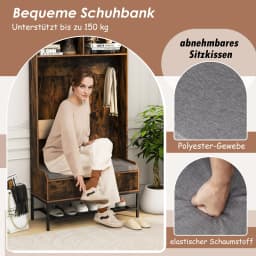 Coat rack with bench seat, 4 in 1 wardrobe with open compartments, shoe cabinet & 3 hooks, dresses stand with seat cushion