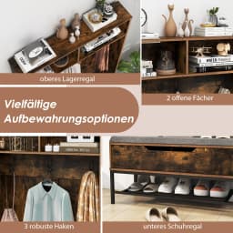 Coat rack with bench seat, 4 in 1 wardrobe with open compartments, shoe cabinet & 3 hooks, dresses stand with seat cushion