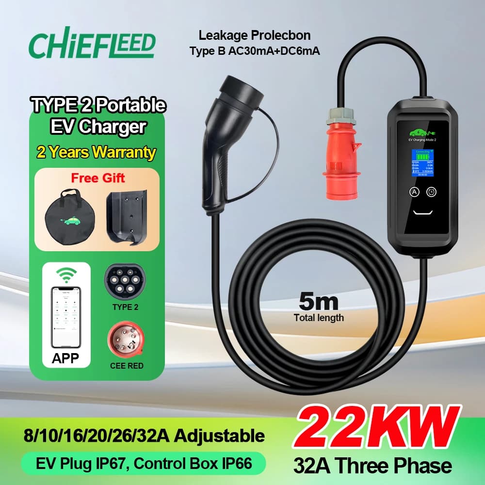 Chiefleed EV Charger 32A 22KW Type2 Cable 3Phase EVSE Wallbox Tuya APP Fast Charging Station For Electric Vehicle 5M