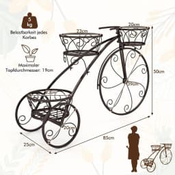 Metal Plant Stand, Bicycle Design, Flower Rack with 3 Baskets, Flower Stand with Decorative Wheels (Bronze)