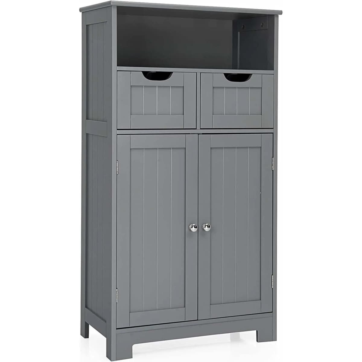 Bathroom Cabinet with 2 Drawers & Doors, Freestanding Bathroom Cabinet with Height-Adjustable Shelf, 60 x 30 x 109 cm, Grey