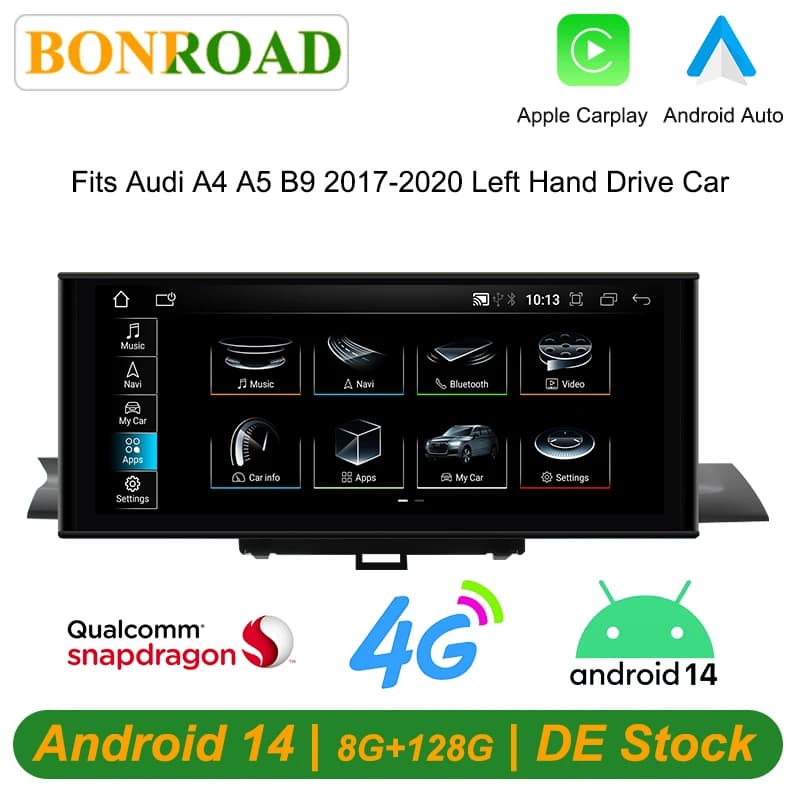 Bonroad 1920*720P 12.3 ''Screen Qualcomm Android 14 Auto Wireless Carplay Car Radio For Audi A4 B9 A5 2017-2020 Car Radio Stereo