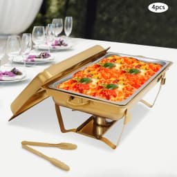4Pcs 7.5L Buffet Warmer Dishes Gold Dishes Set 410 Stainless Steel w/4 Serving Tongs Food Warmers for Cafeterias, Party