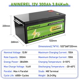 Aninerel 12.8V 304Ah LiFePO4 Battery 3.84Kwh 6000+ Cycles BT 12V 300Ah portable battery Home Solar RV Golf Cart Lithium Battery