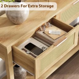 2-Tier Boho Rattan Wooden Entrance Console Table 2 Drawers 2 Shelves Narrow Sofa Table for Living Room Hallway Entrance