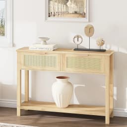 2-Tier Boho Rattan Wooden Entrance Console Table 2 Drawers 2 Shelves Narrow Sofa Table for Living Room Hallway Entrance
