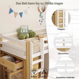 90 X 200cm Children's Bunk Bed, Multifunctional Kids Bed, with 2 Storage Cabinets and Ladder, Without Mattress, Nature + White