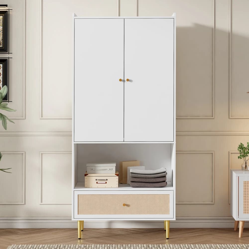 Large Rattan Drawer Wardrobe with 2 Doors Bedroom Cabinet Metal Legs Handles 80x48x175 Cm Storage Organizer