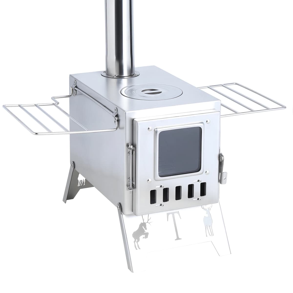 Wood Burning Stove with 5 Pipes Accessories, Visible Window Side Panels Heating Cooking Hot Tent Stove, Large Firebox Stainless