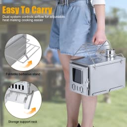 Wood Burning Stove with 5 Pipes Accessories, Visible Window Side Panels Heating Cooking Hot Tent Stove, Large Firebox Stainless
