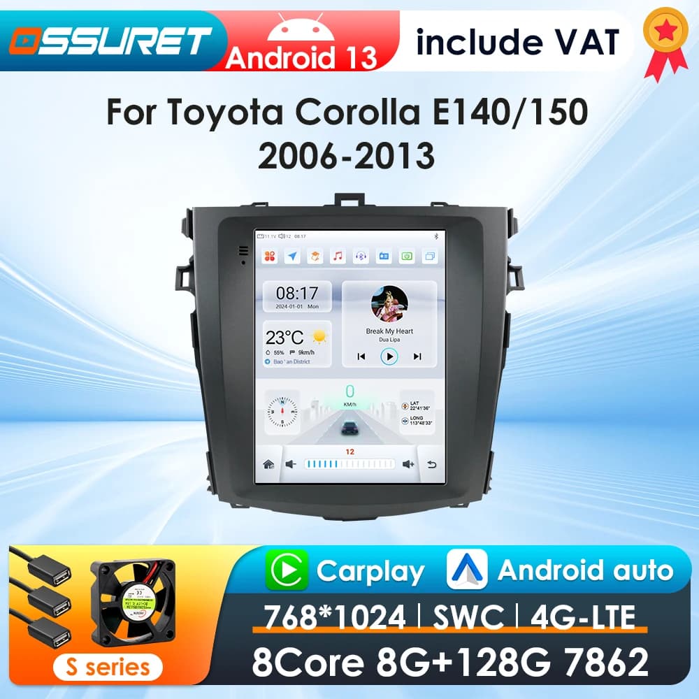 9.7inch 2 DIN Android 13 Car Radio for Toyota Corolla E140/150 2006-2013 Multimedia Stereo Vertical Screen Carplay 360 Camera