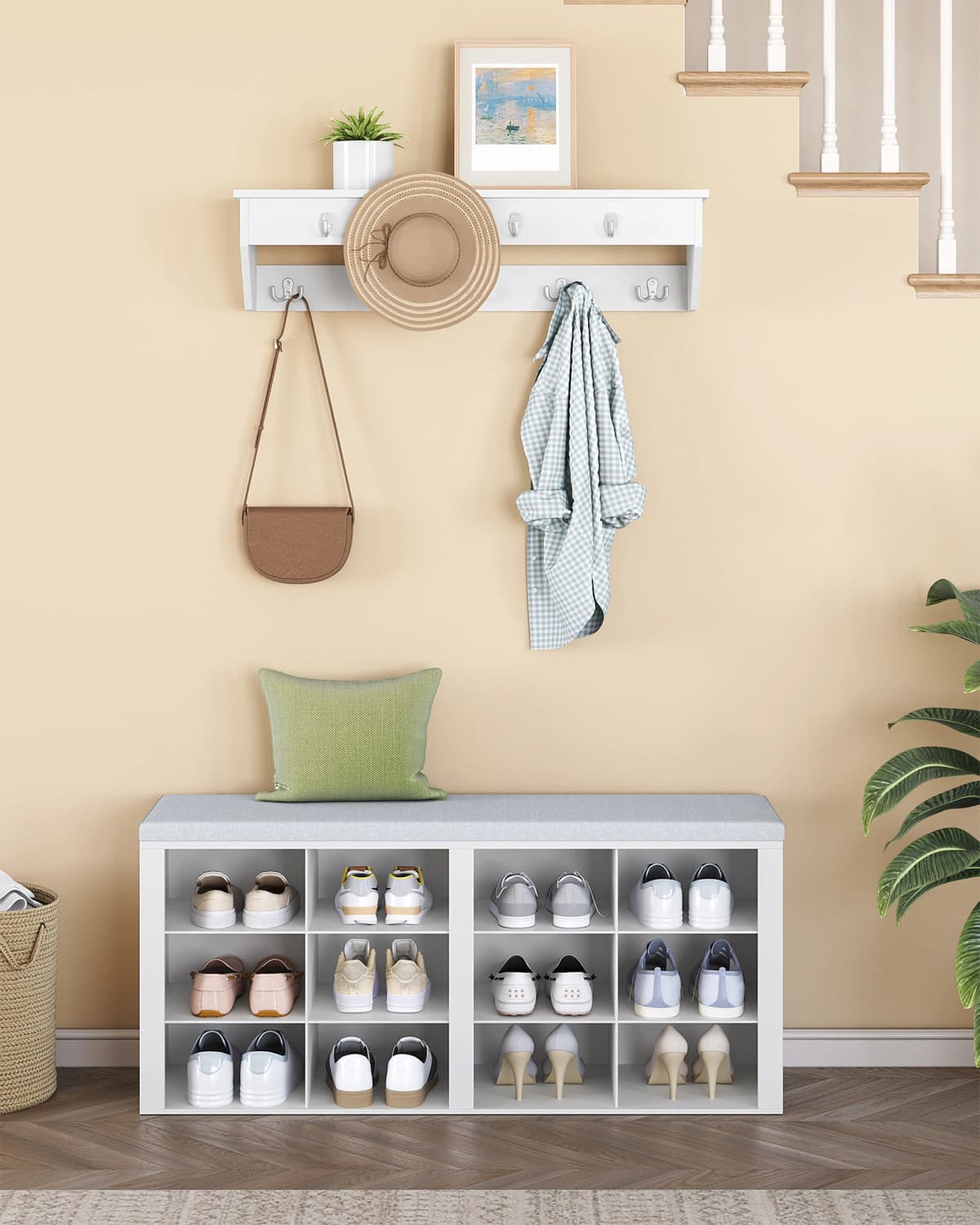 Coat Rack with Bench, Shoe Bench with Seat, Entrance Bench 30 x 104 x 49 cm, Wall Coat Rack with 9 Hooks, White-gray
