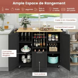Kitchen Trolley on Wheels, Central Kitchen Island with Extendable Folding Worktop, Rubberwood Serving Trolley with Drawer