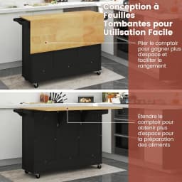 Kitchen Trolley on Wheels, Central Kitchen Island with Extendable Folding Worktop, Rubberwood Serving Trolley with Drawer