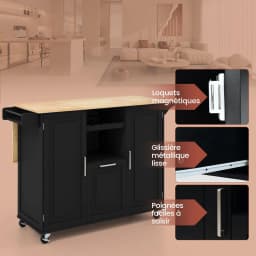 Kitchen Trolley on Wheels, Central Kitchen Island with Extendable Folding Worktop, Rubberwood Serving Trolley with Drawer