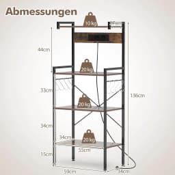 Kitchen Shelf with Sockets, 4-Tier Microwave Shelf with 8 S-shaped Hooks, Standing Shelf ,Rustic Brown