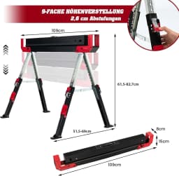 2 x Height Adjustable Work Stand, Maximum Load 1180 kg, Folding Sawhorse, Non-Slip PVC Top, Portable Axle Stand (Red + Black)