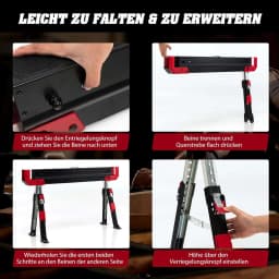 2 x Height Adjustable Work Stand, Maximum Load 1180 kg, Folding Sawhorse, Non-Slip PVC Top, Portable Axle Stand (Red + Black)