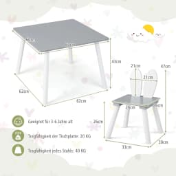 Children's Table with 2 Chairs, 3-Piece Children's Seating Set with Solid Wood Legs and Rabbit Ears Backrest