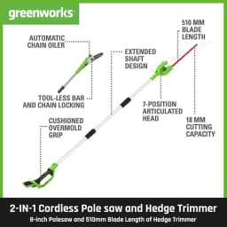Greenworks 24V 2-in-1 Polesaw and Hedge Trimmer with Shoulder Strap 8inch Polesaw and 51cm Trimmer with 2Ah Battery and Charger