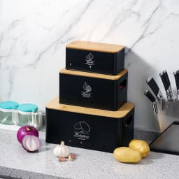 SIAZIH 3 Pcs Onion Garlic Potato Storage Box Multipurpose Vegetable Metal Container with Bamboo Lid and Ventilation Holes