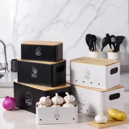 SIAZIH 3 Pcs Onion Garlic Potato Storage Box Multipurpose Vegetable Metal Container with Bamboo Lid and Ventilation Holes