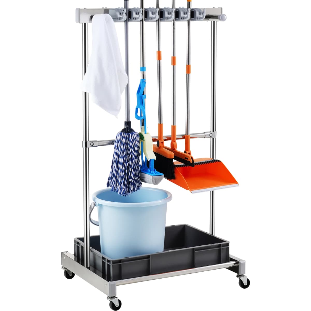 SucceBuy Garden Tool Organizer Yard Tool Tower Rack 10 Slots with Hook & Wheels Broom Storage for Garage Outdoor Organization