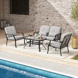 4-piece metal garden furniture set, outdoor furniture set with tempered glass coffee table and cushions, load capacity 300KG