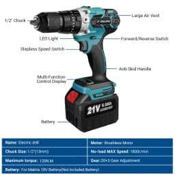 Drillpro 21V 13MM Brushless Electric Impact Drill 20+3 Torque Screwdriver Hammer Drill Power Tools With 2 Battery