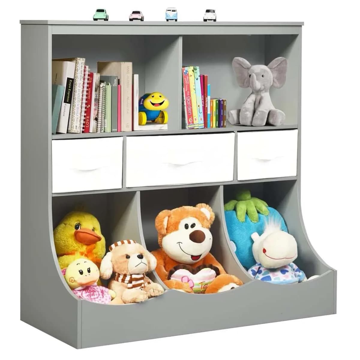 Children's Shelf, Toy Shelf with 5 Compartments and 3 Drawers, Bookcase for Children, , 93 x 40 x 94 cm, Grey