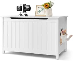 Cat House Cat Litter Tray Cabinet, Cat Cave with Entrance & Hinged Lid, Pet Box with Removable Divider & 2 Hooks