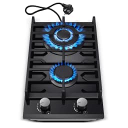 EU Certified 2 Burner Gas Hob 30cm Tempered Glass | Built-in W/Cast Iron Rack Dual Fuel (NG/LPG) 5200W Flame Failure Black