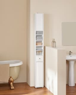 Sobuy Bzr167-Gw Bathroom Tall Cabinet with 5 Compartments Bathroom Storage Cabinet Bathroom Shelf with 1 Drawer and Doors Bathroom Furniture High Gloss White