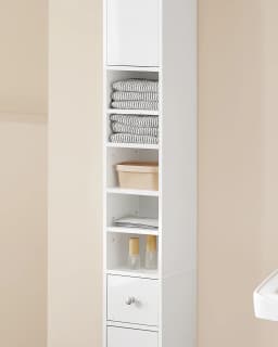 Sobuy Bzr167-Gw Bathroom Tall Cabinet with 5 Compartments Bathroom Storage Cabinet Bathroom Shelf with 1 Drawer and Doors Bathroom Furniture High Gloss White