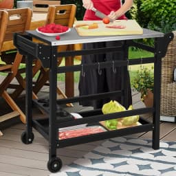 Barbecue Trolley Made of HDPE, Grill Table with Spice Tray, Wine Bottle Rack, Handle & 2 Wheels, Stainless Steel Worktop