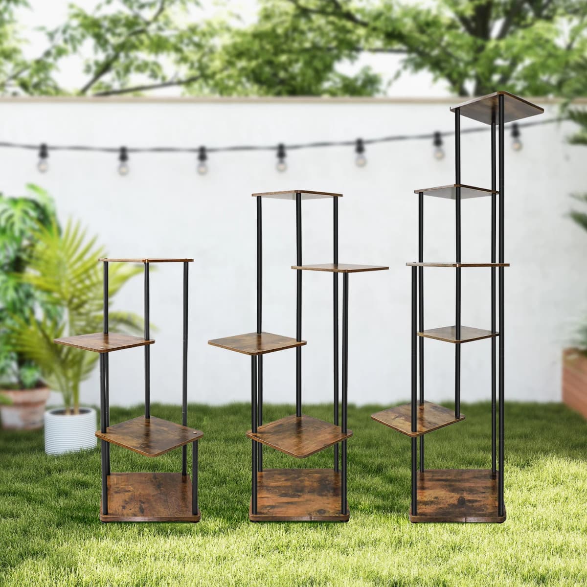 4/5/6-Tier Plant Stand with Wooden Shelves, Metal Corner Flower Shelf for Indoor Outdoor Use - Garden, Porch, Balcony