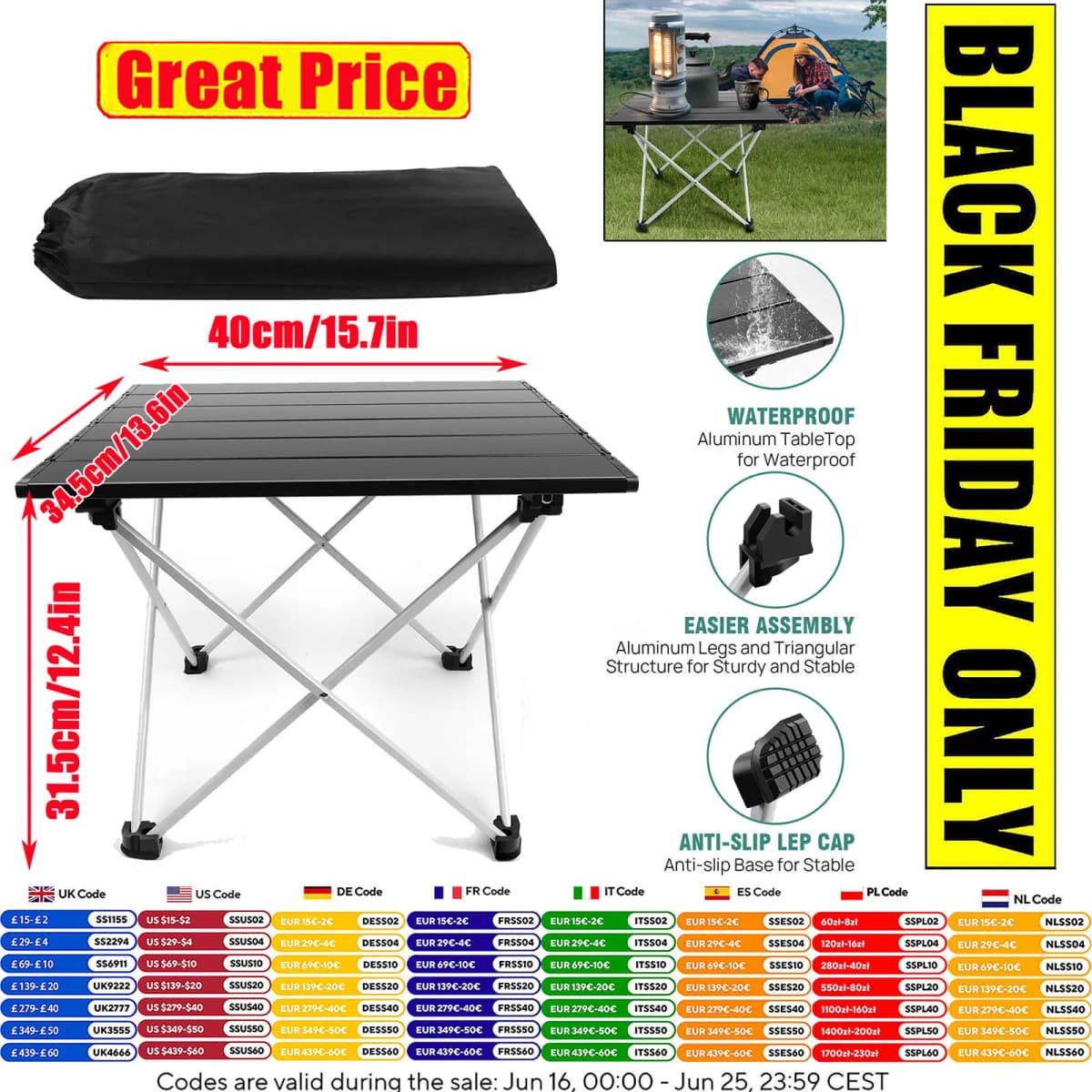 EFAN Ultralight Portable Folding Camping Table Foldable Outdoor Dinner Desk High Strength Aluminum Alloy For Garden Party Picnic