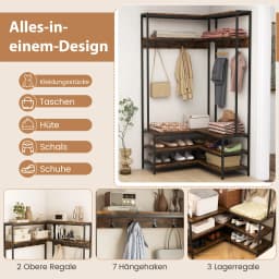 Corner coat rack with bench, L-shaped dresses stand with open shelves & 7 hooks, wardrobe, hallway wardrobe for hallway