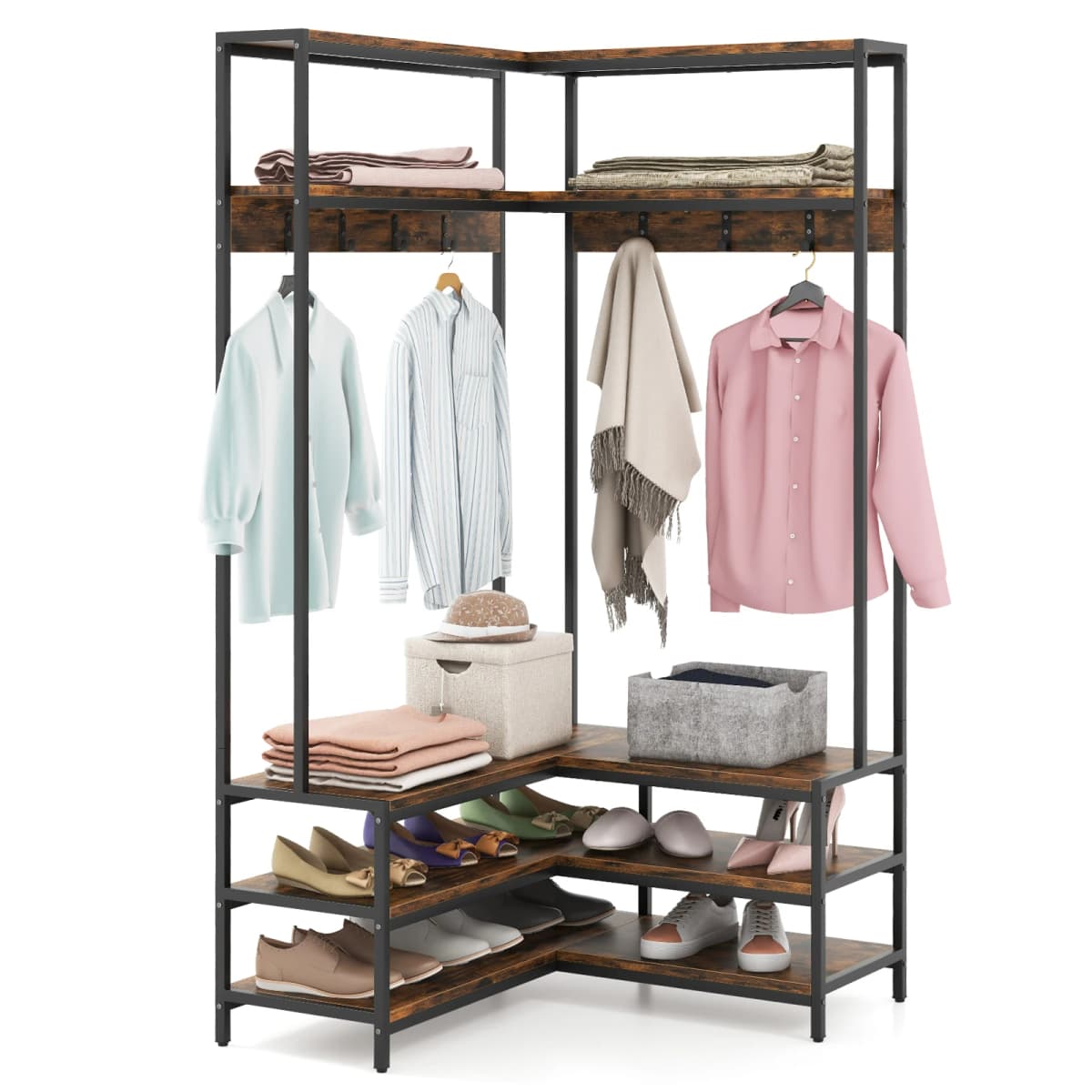 Corner coat rack with bench, L-shaped dresses stand with open shelves & 7 hooks, wardrobe, hallway wardrobe for hallway