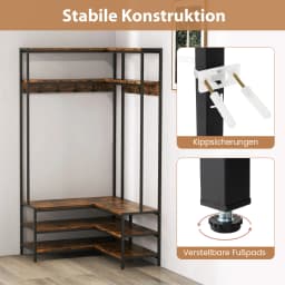 Corner coat rack with bench, L-shaped dresses stand with open shelves & 7 hooks, wardrobe, hallway wardrobe for hallway