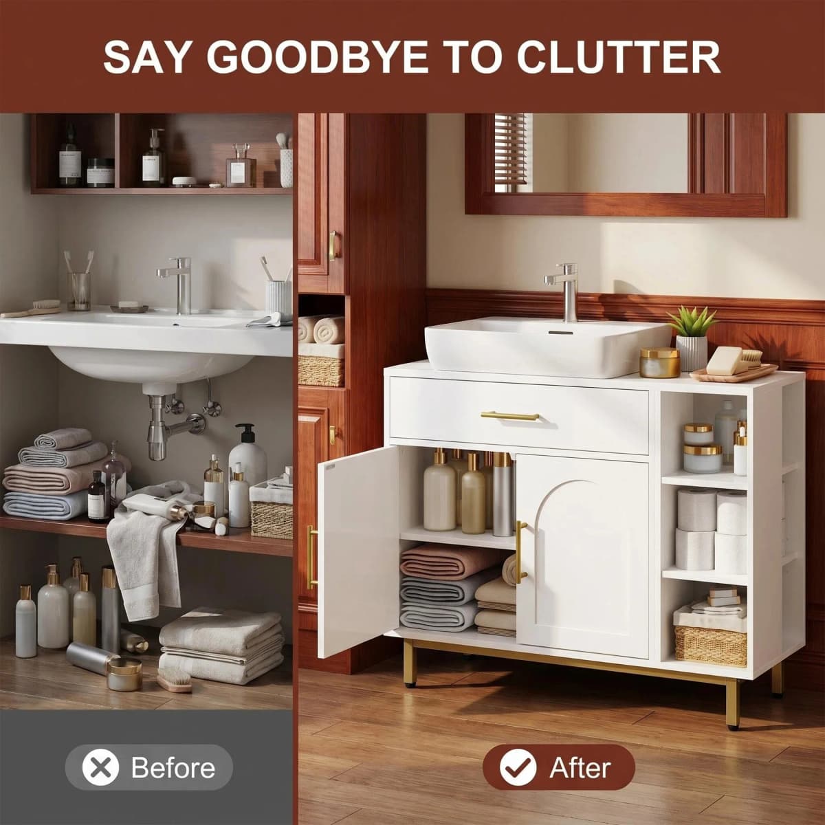 Washbasin Cabinet, Bathroom Cabinet, 1 Drawer 2 Cabinet Doors, Open Compartment with 3 Levels, Adjustable Shelf, White