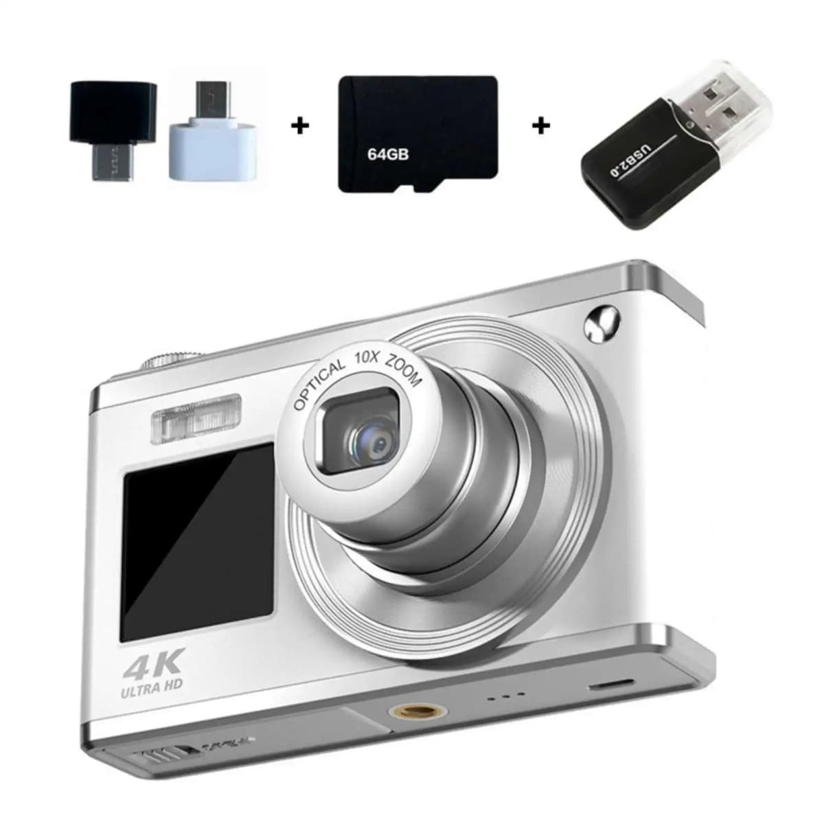 60 MP 4K CCD Camera with 64 GB Memory card, USB Card Reader and Android OTG Adapter, White