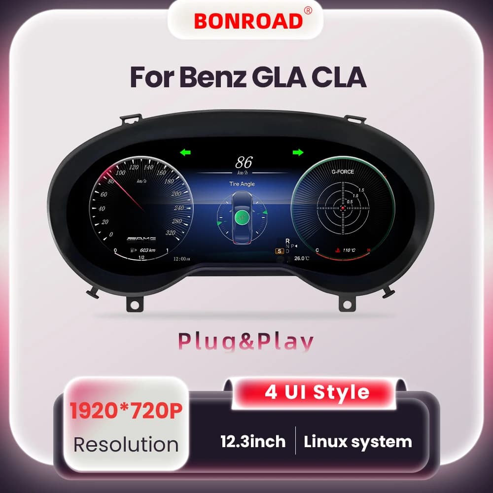 Bonroad Linux 12.3'' 1920*720P Dashboard Digital Instrument Cluster Speedometer Display for Benz a Class W176 Gla X156 Cla X117