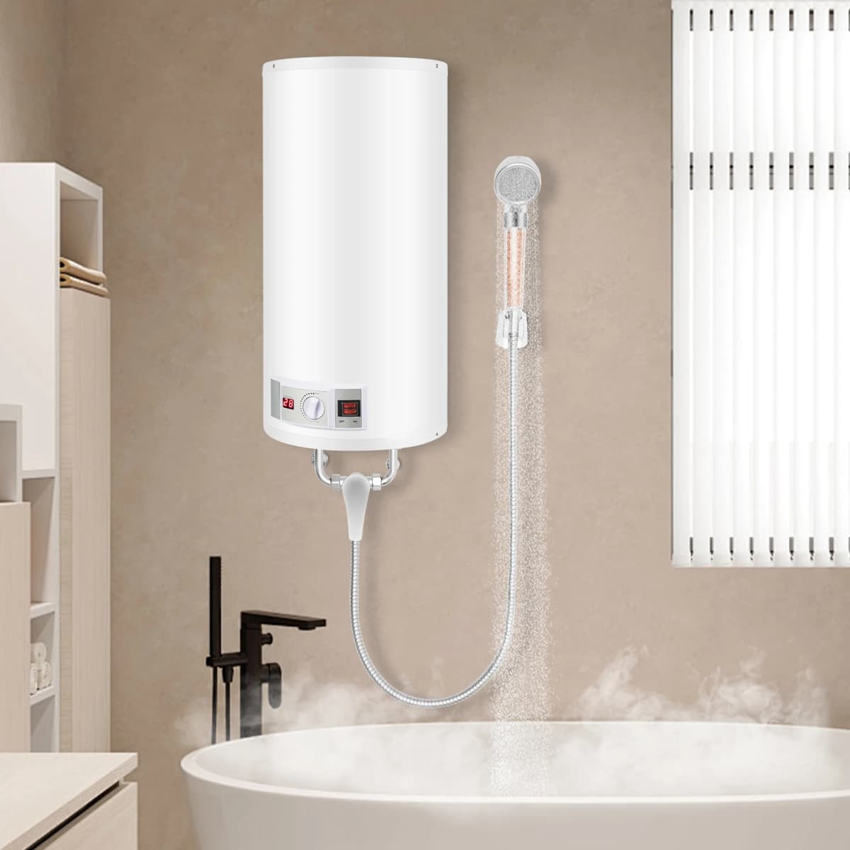 50L Electric Water Heater, 2000W Vertical Water Heater with Digital Display & Faucet, Wall Mounted for Bathroom Kitchen