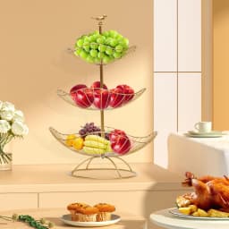 3 Tier Gold Fruit Tray Bowl Holder Storage Basket Open Hollowed-Out Design Bird Lotus-Leaf-Shaped for Placing Apple Pear Orange