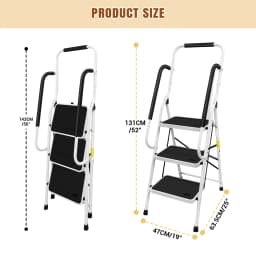 3 Step Ladder with Folding Safety Ramp - Non Slip Heavy Duty 150kg Load Capacity - Adult Steel Step Stool for Home Kitchen