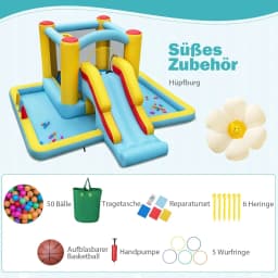 Bouncy Castle with Slide,Basketball Hoop & Ring Toss Game,for Indoor and Outdoor Use,Includes Colourful Balls,394x389x194cm